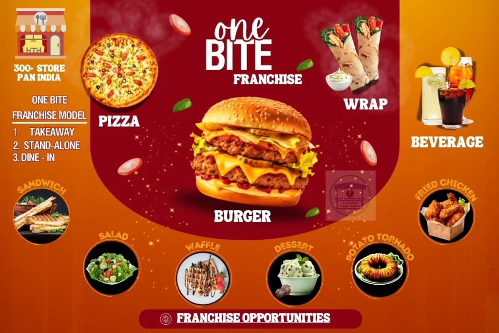 One Bite fast-food franchise outlet with customers enjoying burgers, fries, and milkshakes.