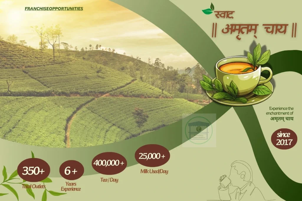 Swad Amrutam Chai franchise outlet with branded signage, offering a variety of tea flavors and an inviting atmosphere for tea lovers.