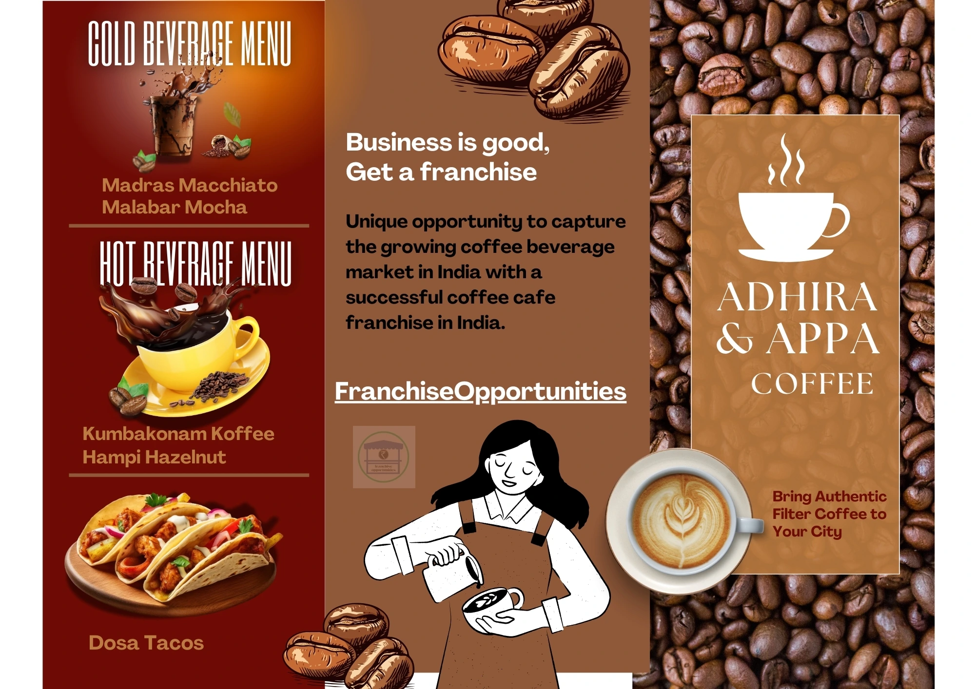 A stylish Adhira & Appa Coffee outlet with a cup of South Indian filter coffee.