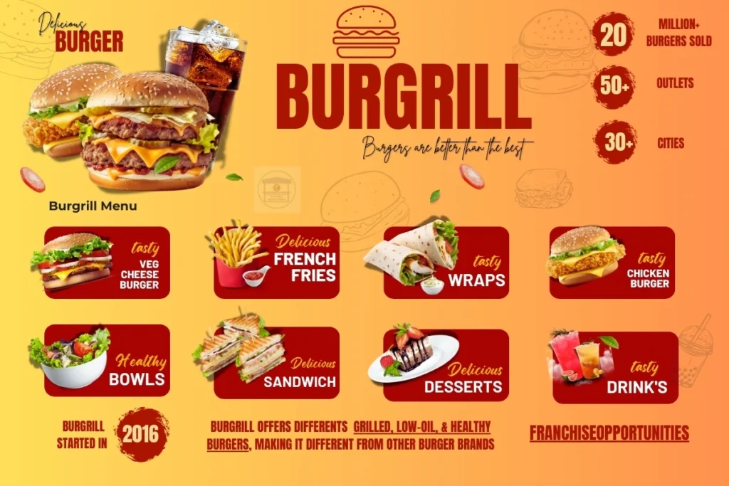 A Burgrill restaurant with grilled burgers and a franchise sign.