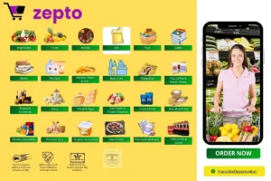 A Zepto delivery van on the road delivering groceries to customers.