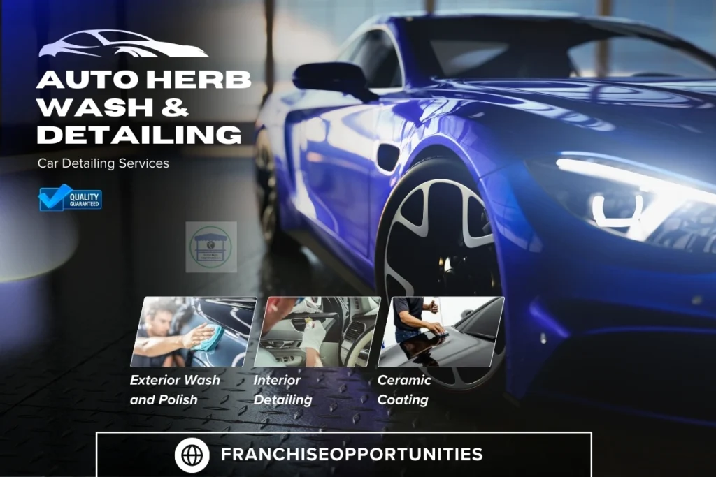 An Autoherb service center with herbal car care products and a franchise sign.