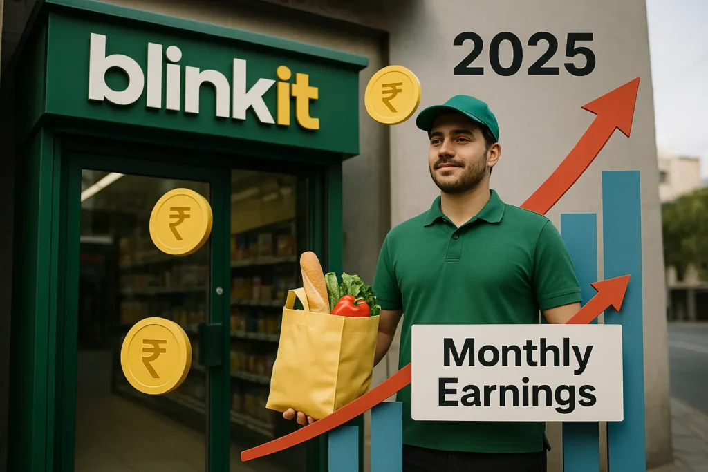 blinkit franchise delivery person holding grocery bags outside a store