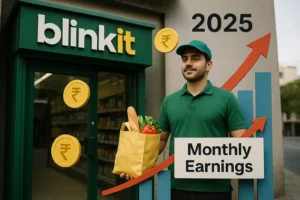 blinkit franchise delivery person holding grocery bags outside a store