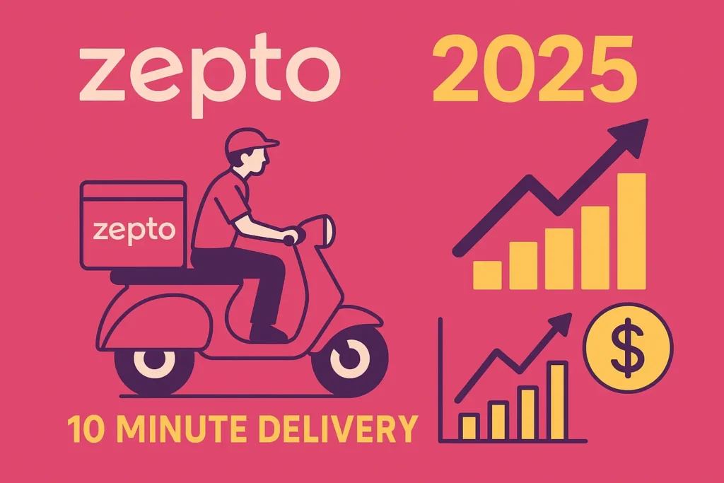 Zepto dark store exterior with bold 10-minute delivery branding in a busy Indian neighborhood – new franchise opportunity for 2025