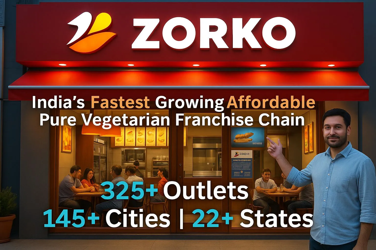 A Zorko Franchise Restaurant with a variety of vegetarian dishes and a franchise sign.
