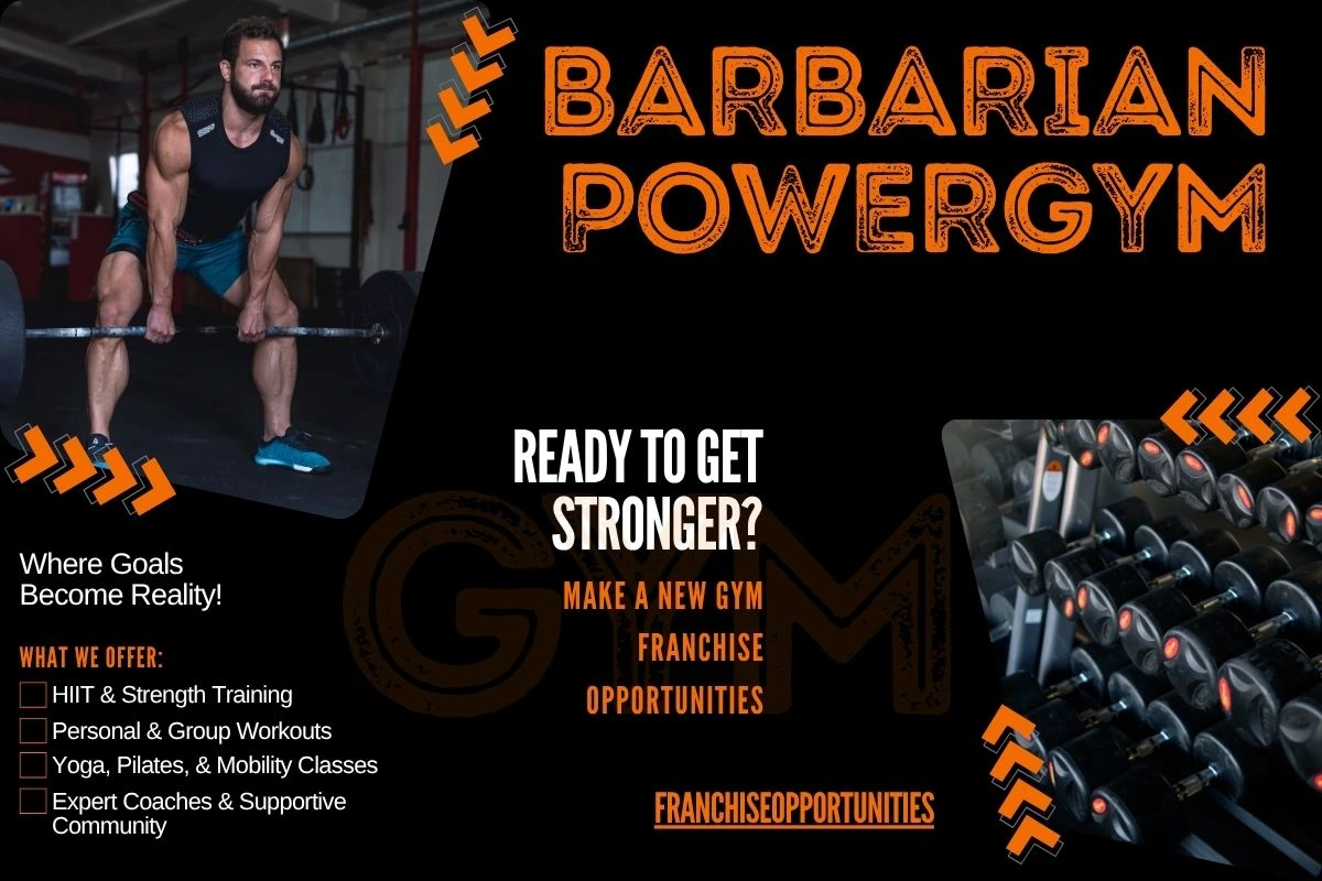 A modern Barbarian Power Gym Franchise with advanced fitness machines and trainers