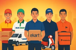 Delivery workers representing DHL, Blue Dart, Ekart, DTDC, and Shadowfax franchises standing with parcels and vehicles