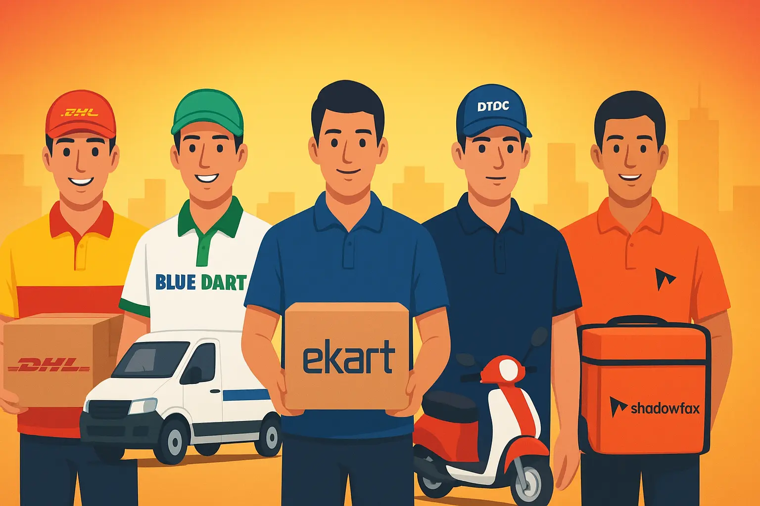 Delivery workers representing DHL, Blue Dart, Ekart, DTDC, and Shadowfax franchises standing with parcels and vehicles