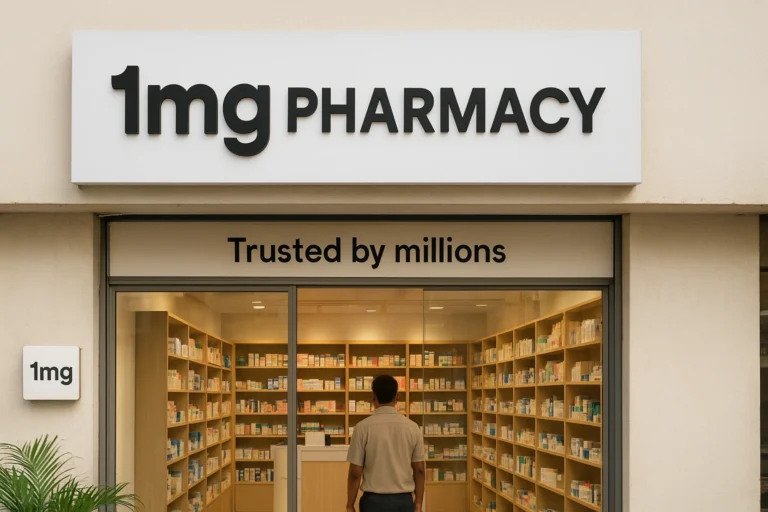Exterior view of a modern 1mg Pharmacy Franchise retail store with a customer at the entrance