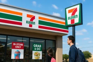 7-Eleven convenience store with iconic red, orange, and green signage under a clear sky.