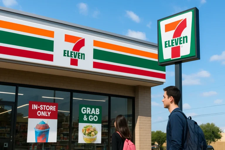 7-Eleven convenience store with iconic red, orange, and green signage under a clear sky.