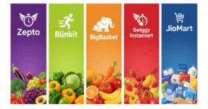 Infographic showing the top grocery delivery franchises in India for 2025, including Zepto, Blinkit, BigBasket, Swiggy Instamart, and JioMart.