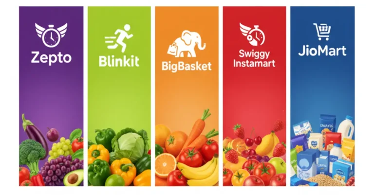 Infographic showing the top grocery delivery franchises in India for 2025, including Zepto, Blinkit, BigBasket, Swiggy Instamart, and JioMart.