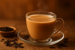 Steaming cup of masala chai served in a glass cup with tea leaves on the side