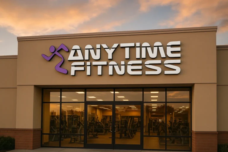 Exterior view of an Anytime Fitness franchise gym with modern design and sunset sky