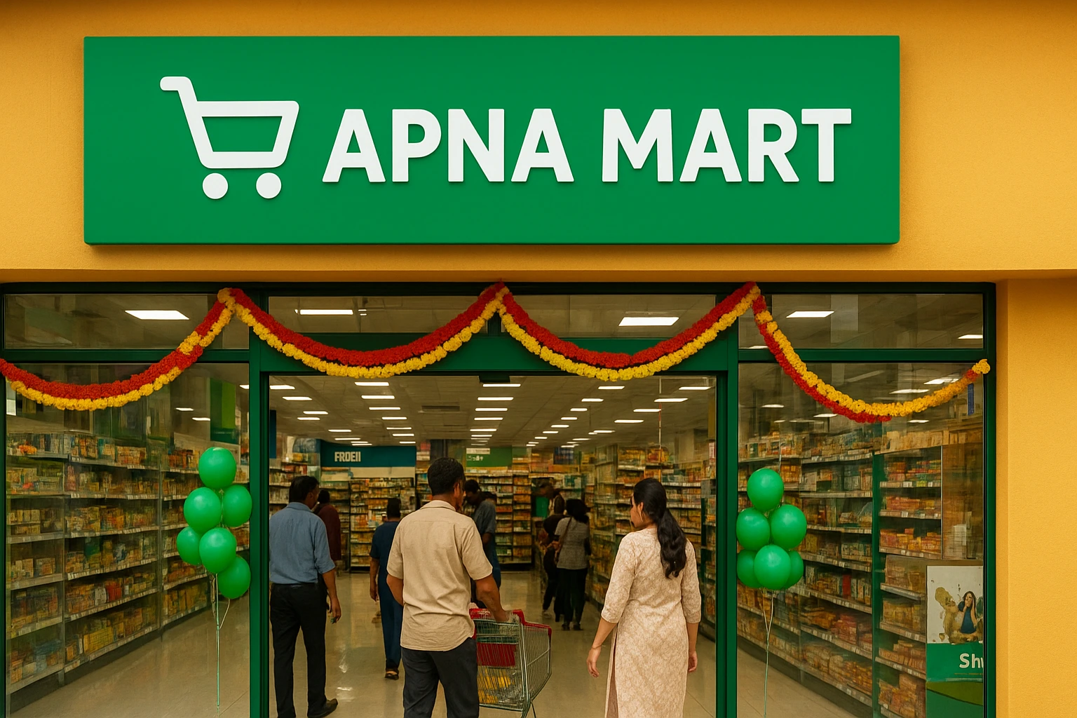Customers entering an Apna Mart grocery store in India decorated with balloons and marigold garlands