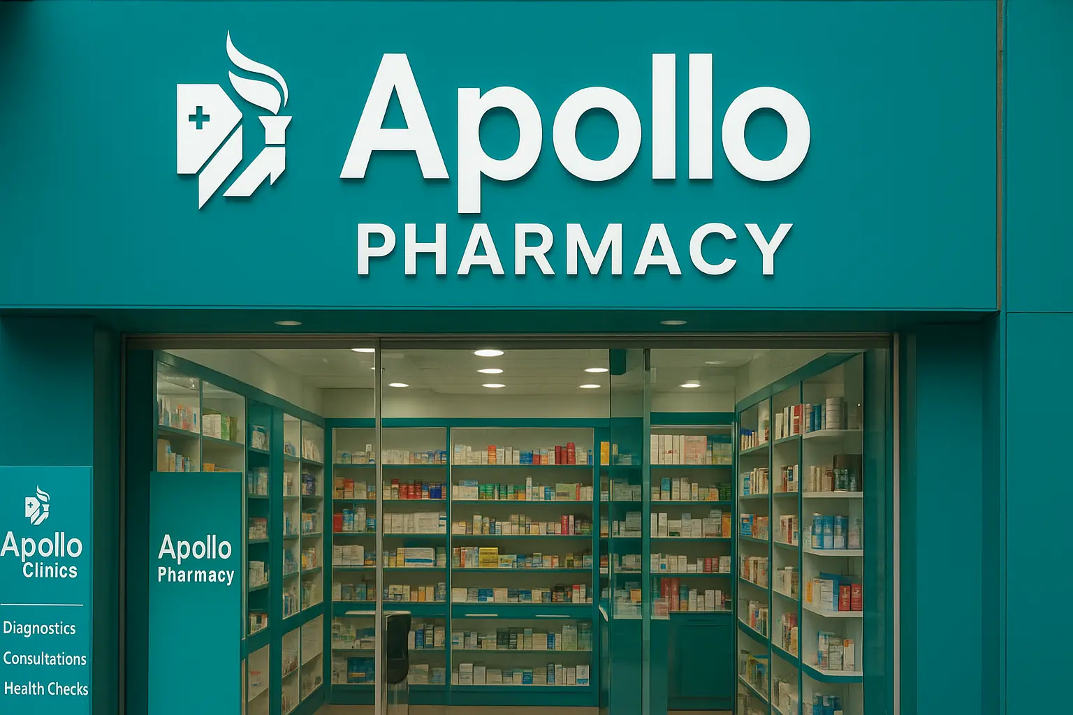 Apollo Pharmacy Franchise storefront with neatly arranged medical products and healthcare branding
