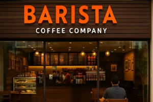 Exterior and interior view of a Barista Coffee Company café in India with customers and barista at the counter