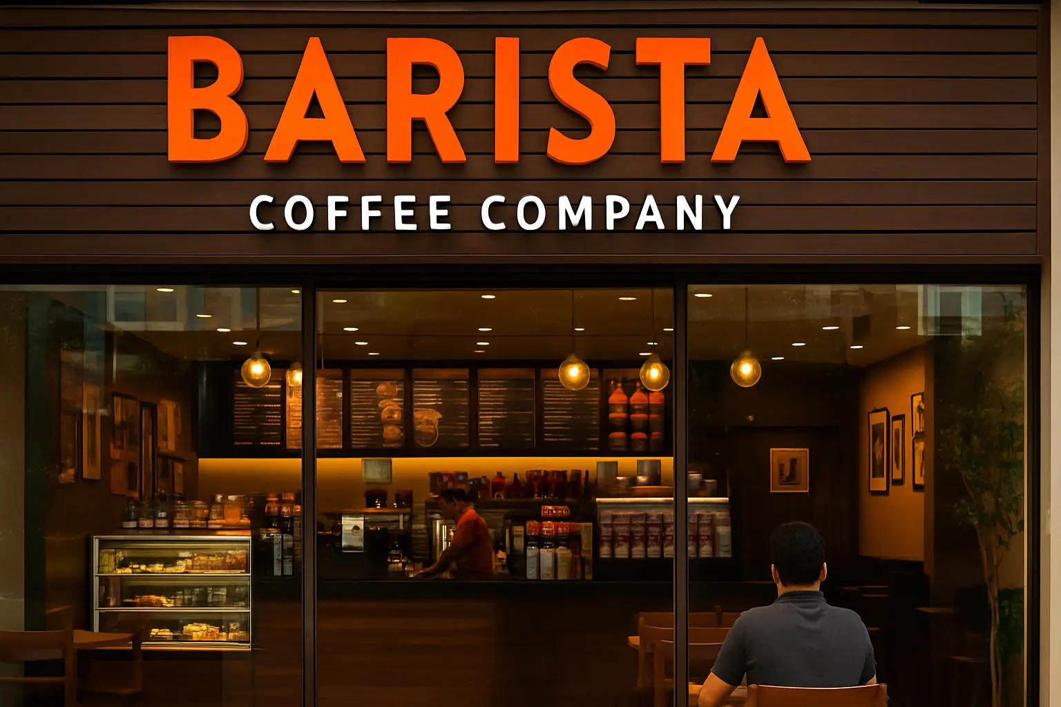 Exterior and interior view of a Barista Coffee Company café in India with customers and barista at the counter