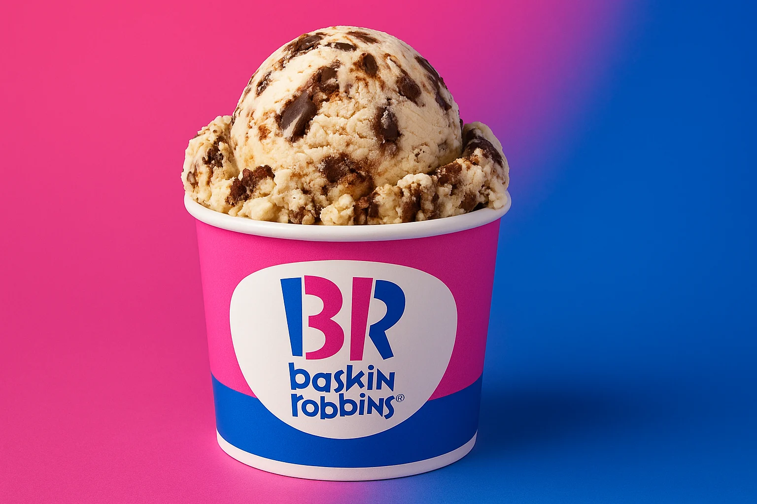 Scoop of Baskin Robbins ice cream in branded cup on vibrant pink and blue background