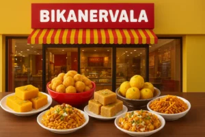 Bikanervala franchise storefront with Indian sweets and snacks on display