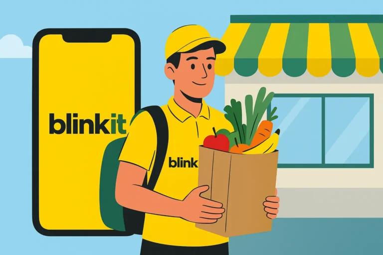 Blinkit delivery partner holding a grocery bag in front of store and app logo