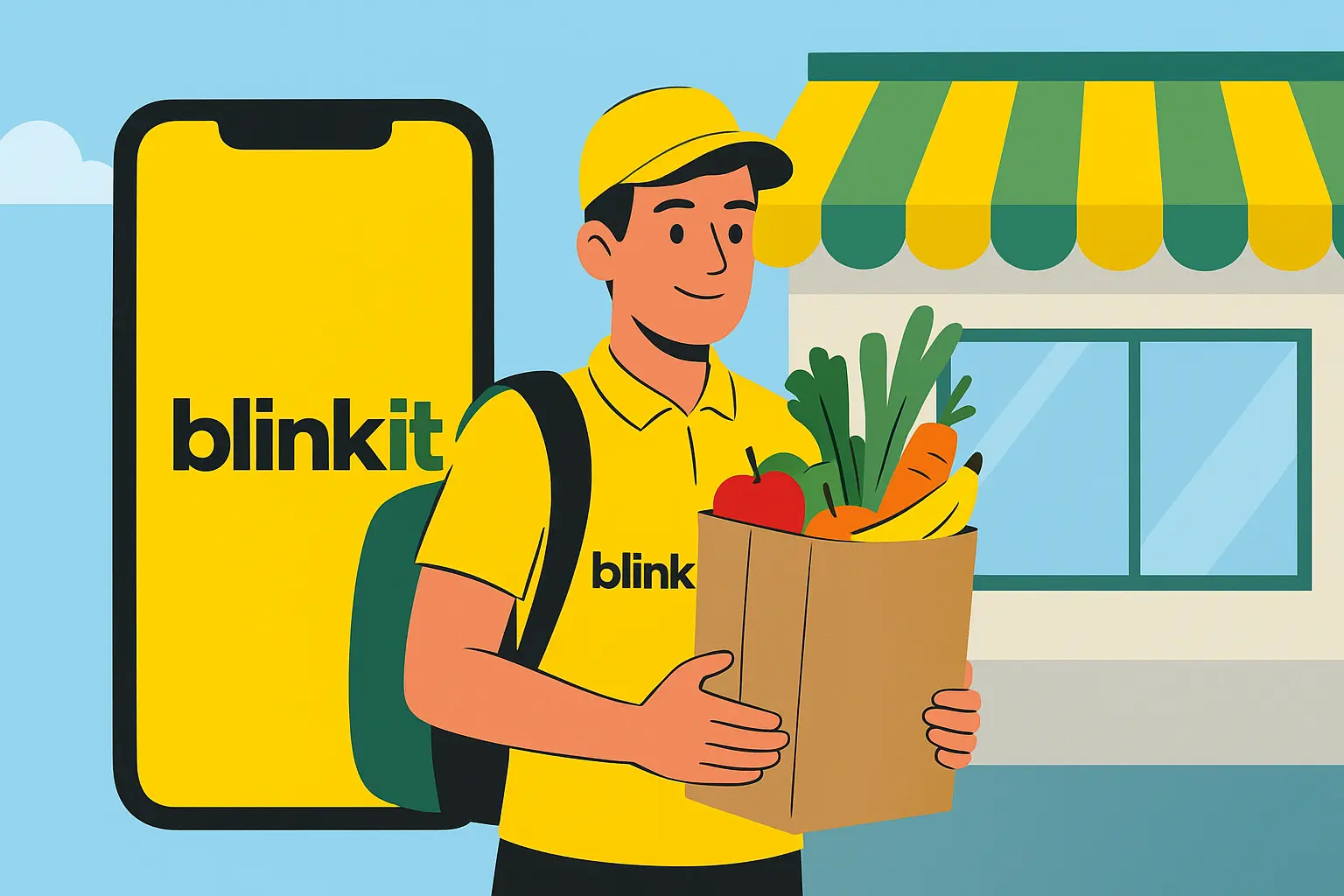 Blinkit delivery partner holding a grocery bag in front of store and app logo