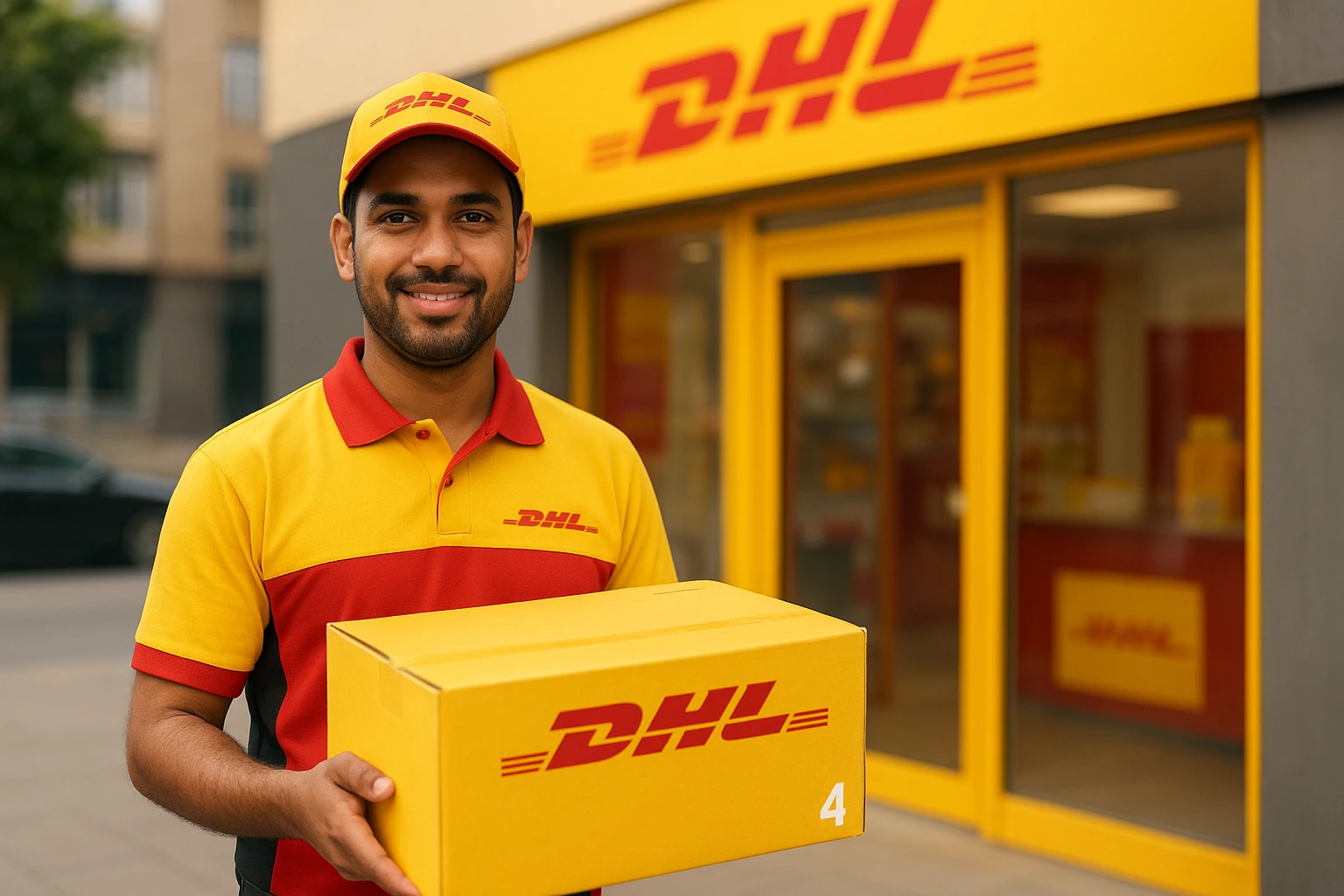 DHL franchise owner in India holding a parcel outside a branded service point