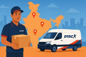 DTDC courier holding a package with delivery van and India map showing expansion locations.