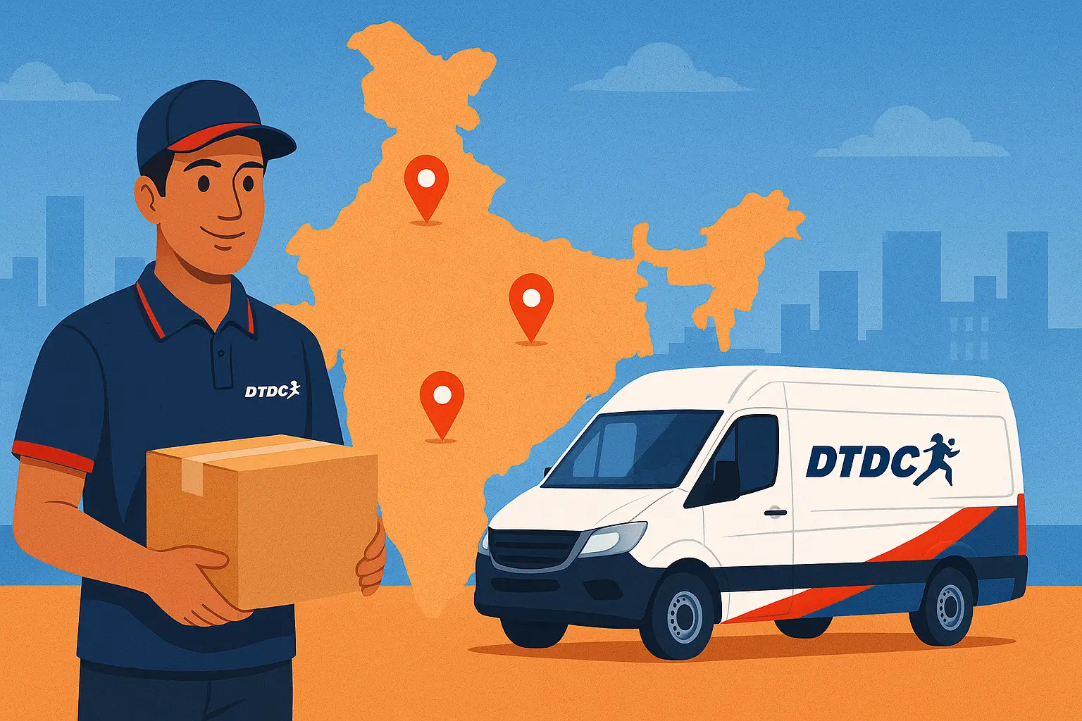 DTDC courier holding a package with delivery van and India map showing expansion locations.