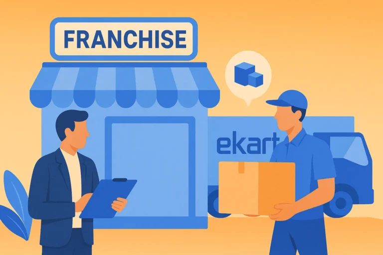 Illustration of Ekart franchise with delivery person, logistics truck, and business owner discussing operations.