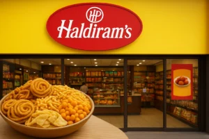 Haldiram franchise storefront with traditional Indian snacks displayed in the foreground