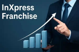 Professional businessman with growth chart and InXpress Franchise text, symbolizing B2B logistics success in India.