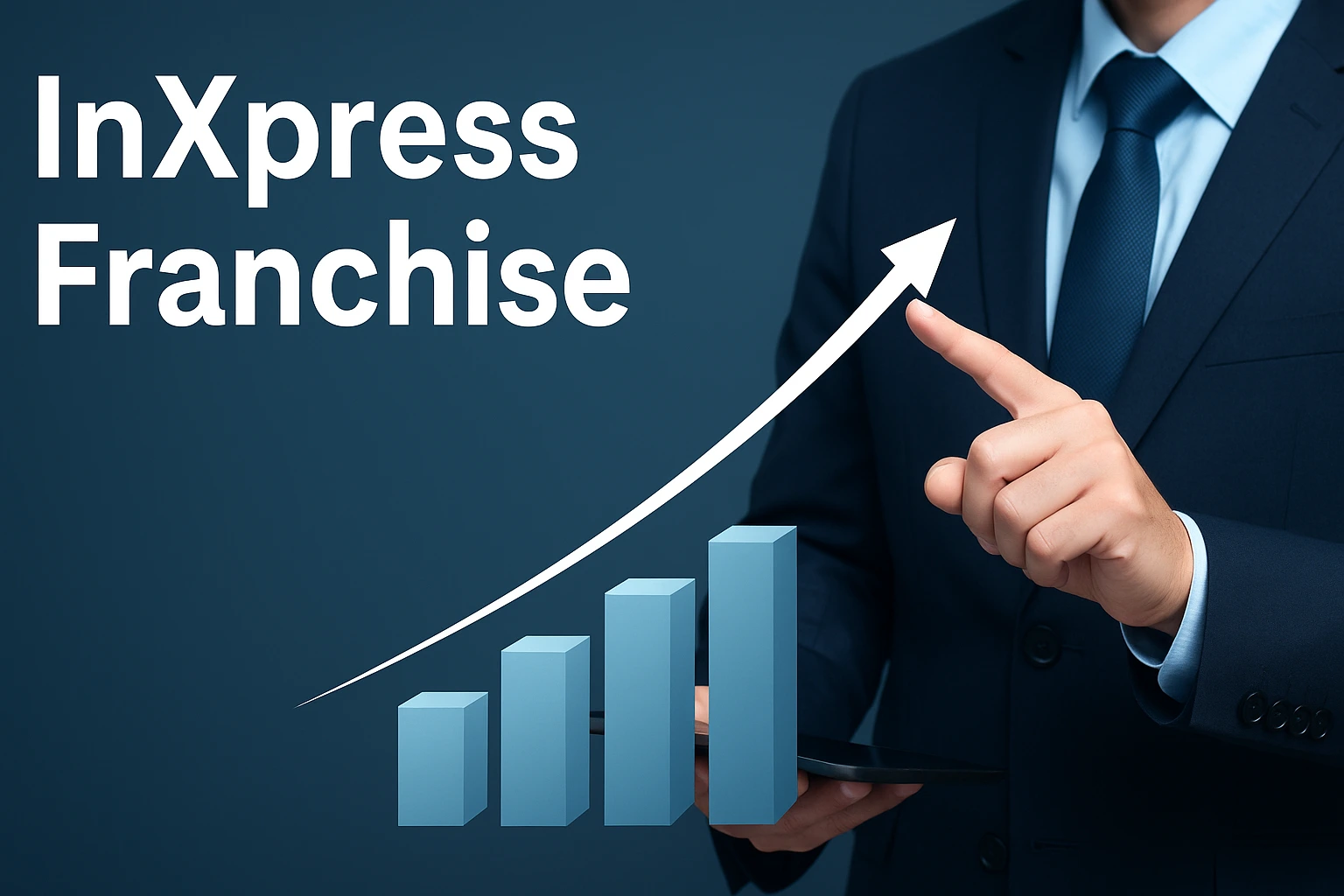 Professional businessman with growth chart and InXpress Franchise text, symbolizing B2B logistics success in India.