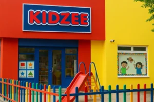 Colorful Kidzee preschool building exterior with play area and vibrant design