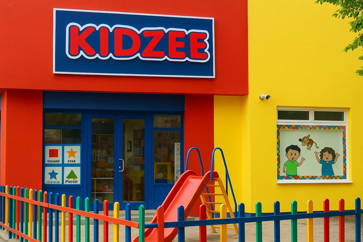 Colorful Kidzee preschool building exterior with play area and vibrant design