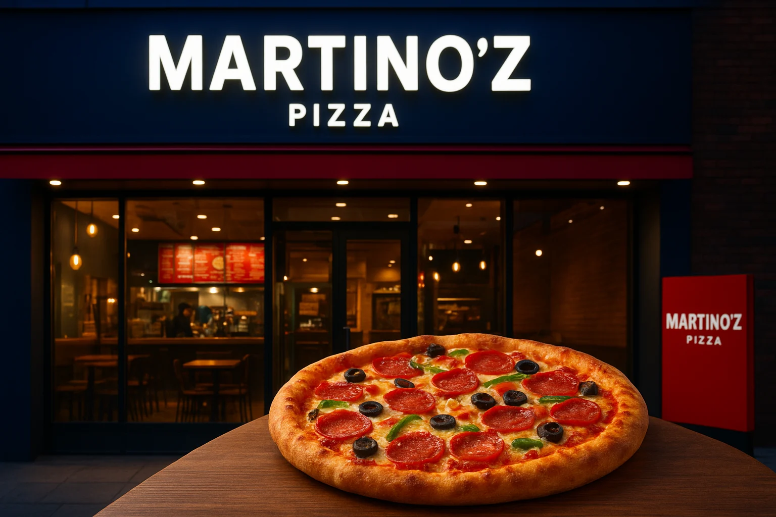 Martino’z Pizza restaurant exterior with vibrant lights and fresh pizza on table, symbolizing franchise expansion in India