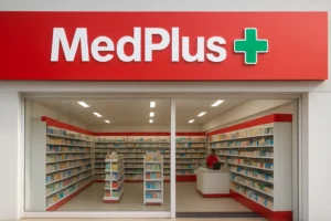 Modern MedPlus Franchise pharmacy storefront with well-stocked interior and clean branding, ideal for franchise promotion.