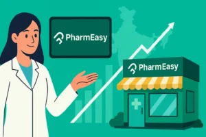 Pharmeasy franchise concept showing a pharmacist, digital logo, and local pharmacy store growth in India.