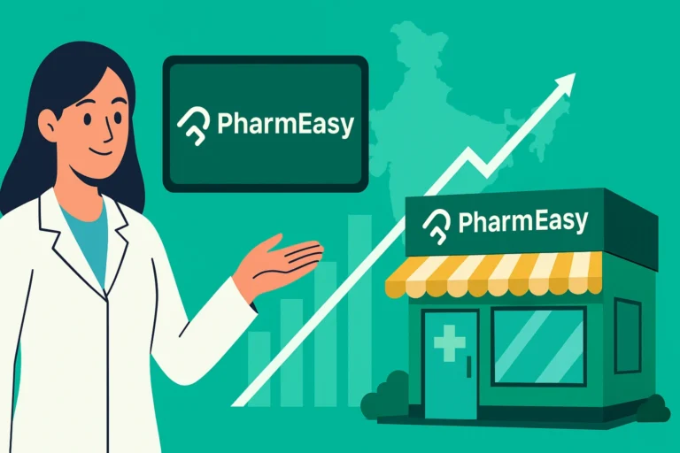 Pharmeasy franchise concept showing a pharmacist, digital logo, and local pharmacy store growth in India.