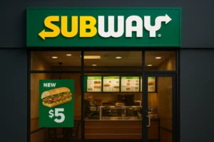 Subway restaurant storefront with illuminated logo and interior view, symbolizing franchise growth in 2025