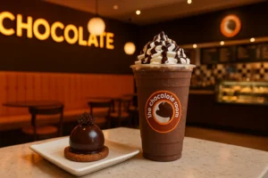 Branded cup of The Chocolate Room Franchise with chocolate cake, brownie, mousse, and truffles on a wooden table