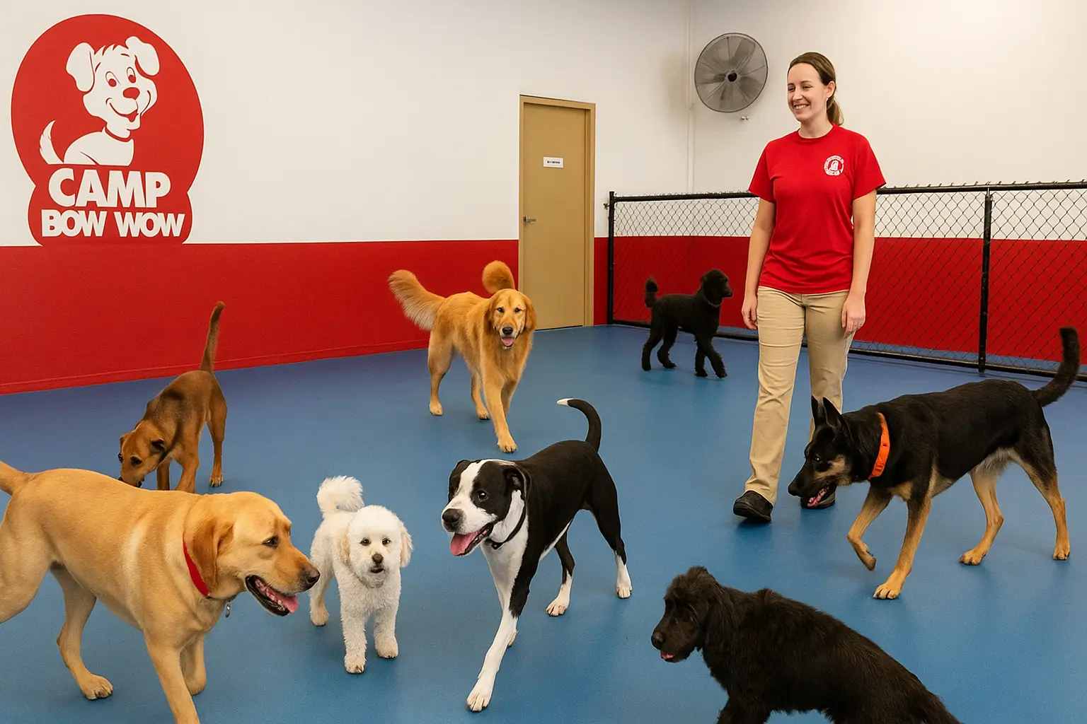 Camp Bow Wow franchise dog daycare facility with staff and happy dogs.