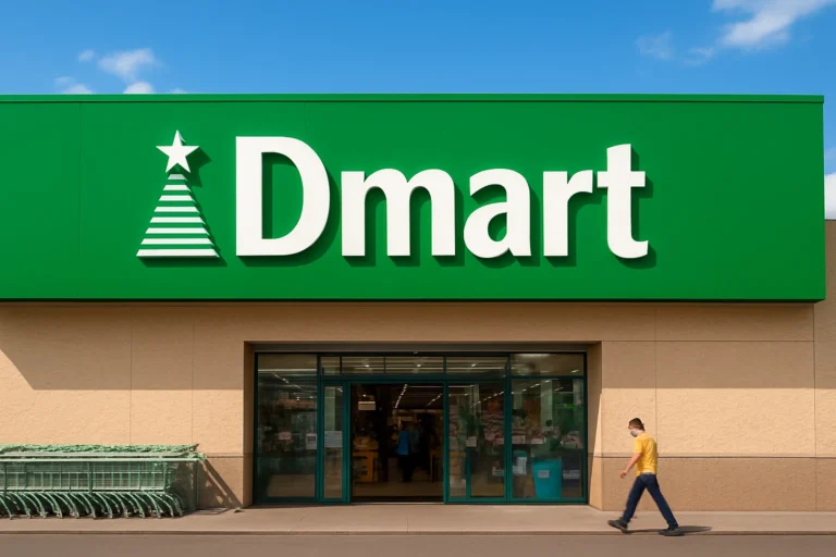 Front view of a Dmart retail store in India with green facade, shopping carts, and customers entering.