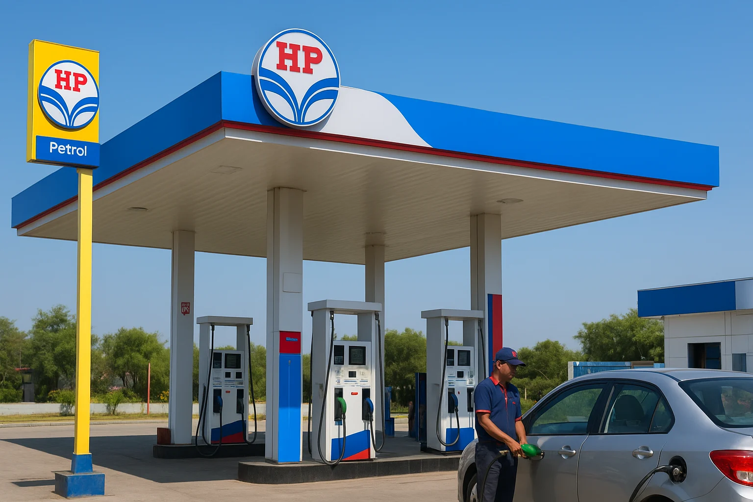 A man refueling a car at an HP petrol station in India under a clear blue sky.