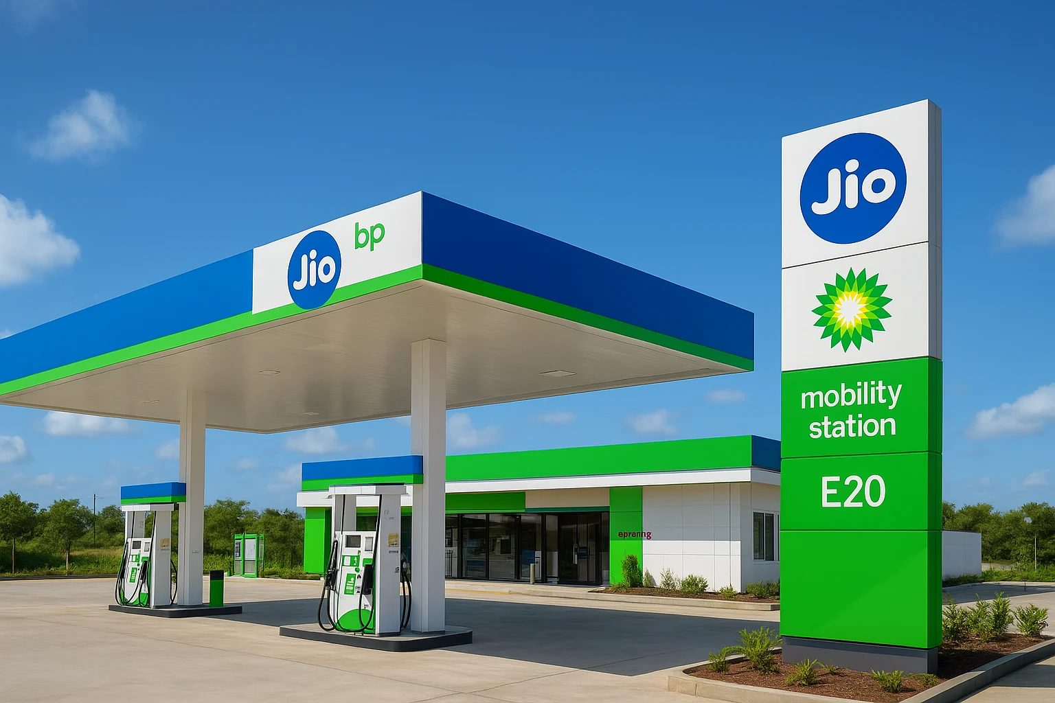 Jio-bp petrol pump mobility station in India featuring modern fuel dispensers, EV charging area, and clean green branding under a blue sky.
