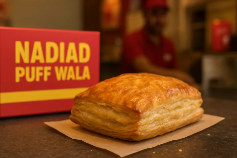 Freshly baked puff pastry from Nadiad Puff Wala displayed on a counter, representing the brand’s live puff concept and franchise growth in Gujarat.