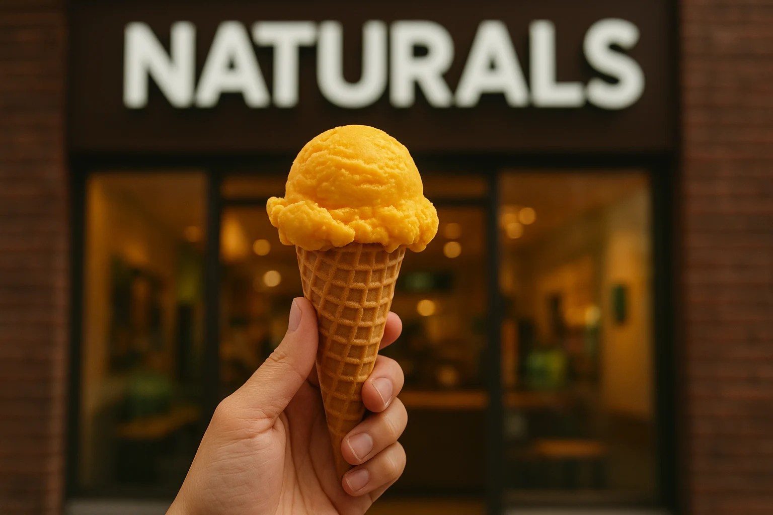 Hand holding a mango ice cream cone in front of a Naturals Ice Cream store.