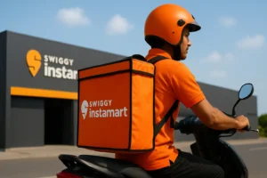 Swiggy Instamart delivery rider on scooter in front of Instamart warehouse, representing India’s fast-growing quick-commerce industry.